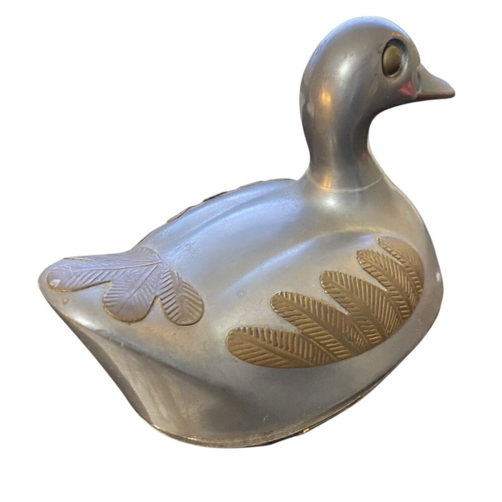 Vintage 1970's Pewter Duck Trinket Box with Brass Overlay Hong Kong 4" x 5" - Picture 5 of 9